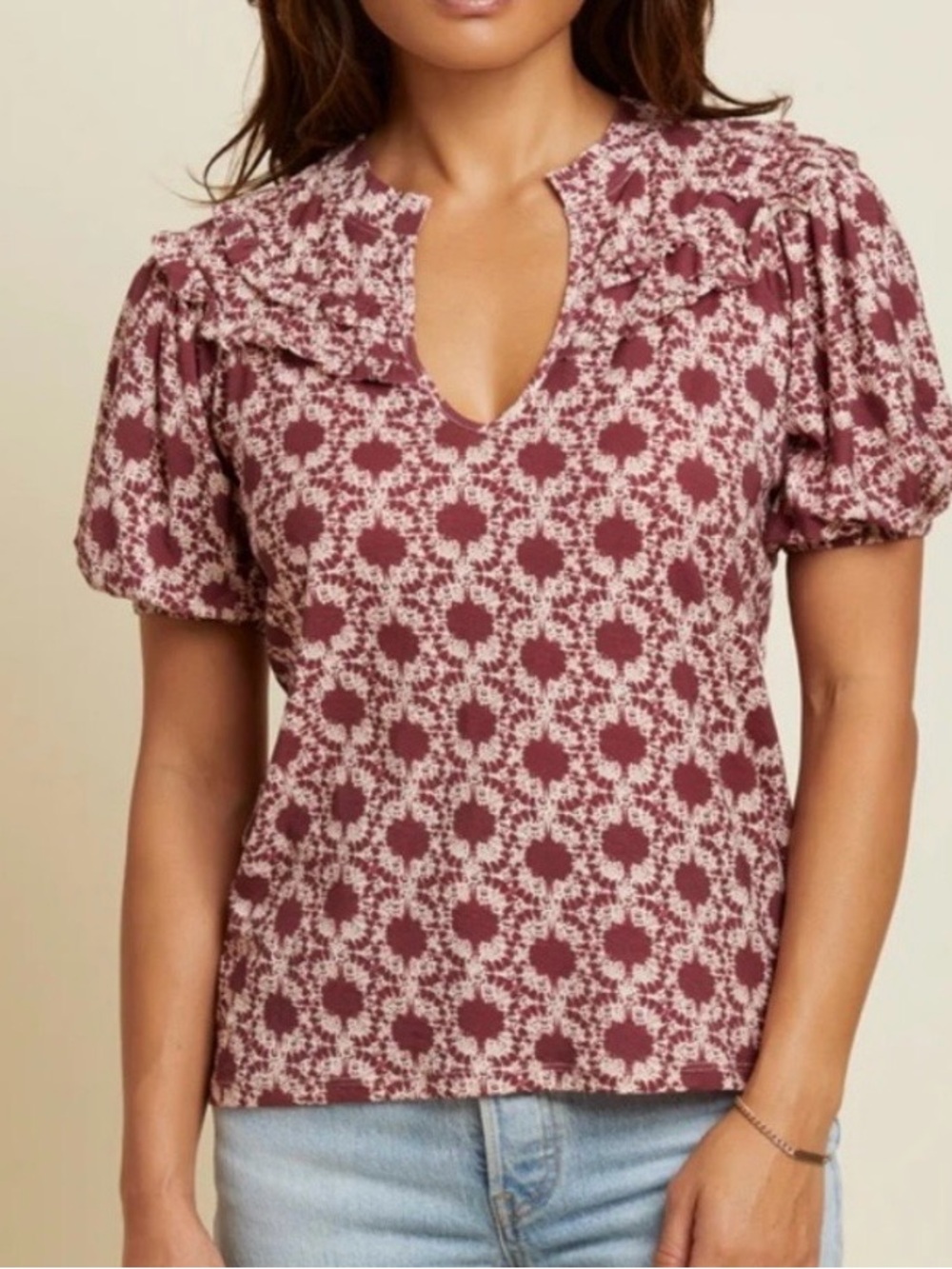 Nation LTD Judith Tee Ikat Floral
Notch Neck Puff Sleeve Top Mauve
Top Small
